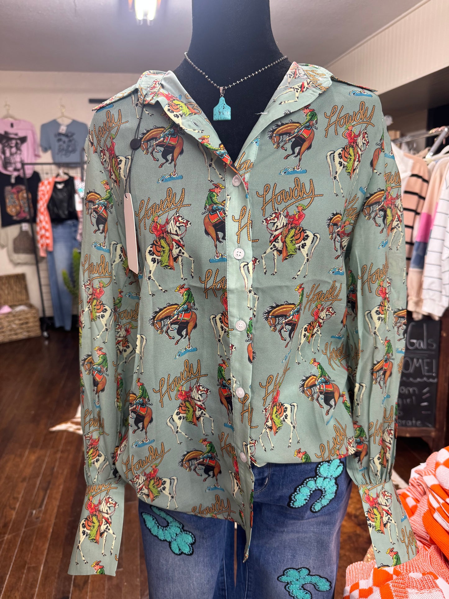 Teal Howdy Button Down Blouse