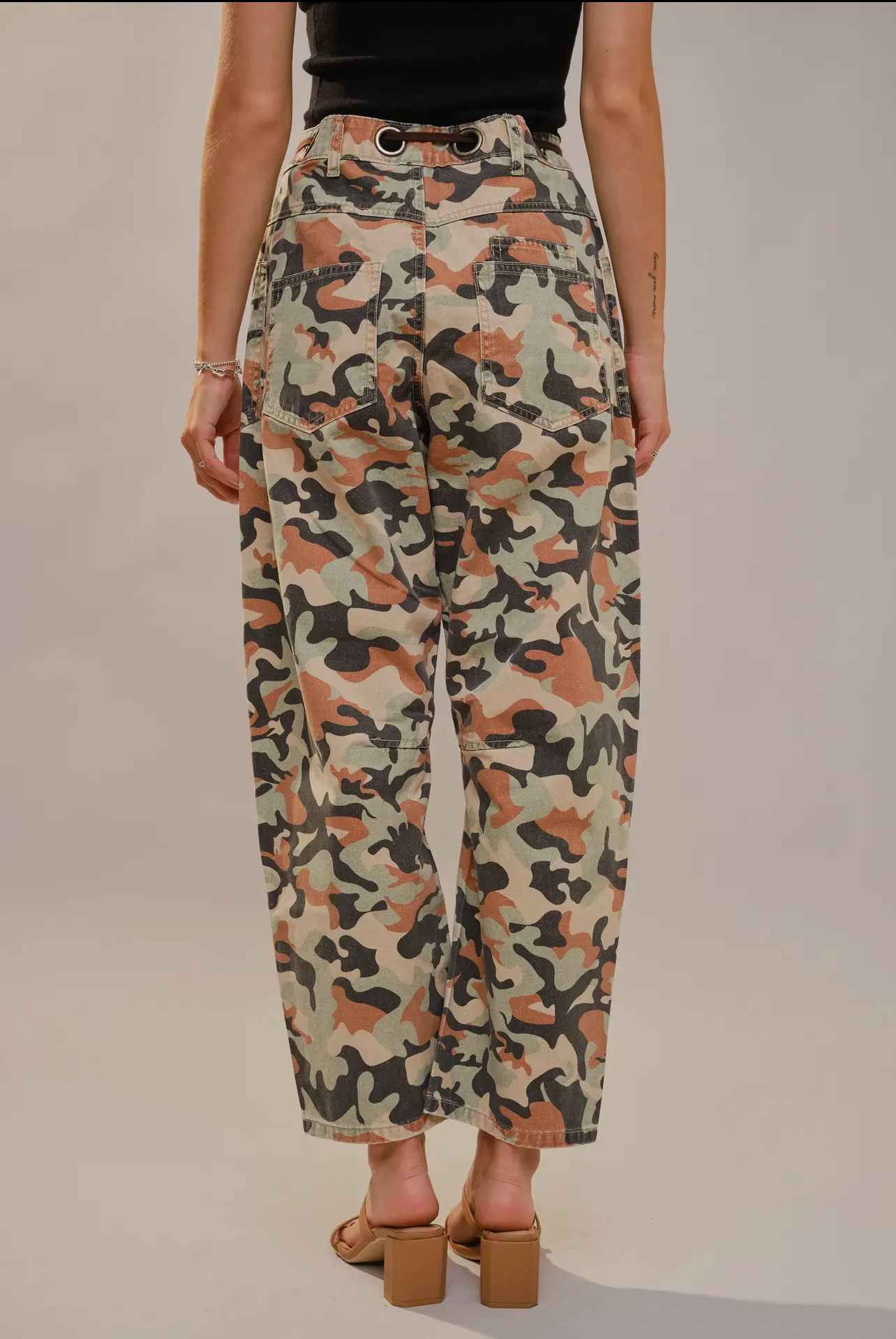 Camo Print Barrel Pants with Grommets