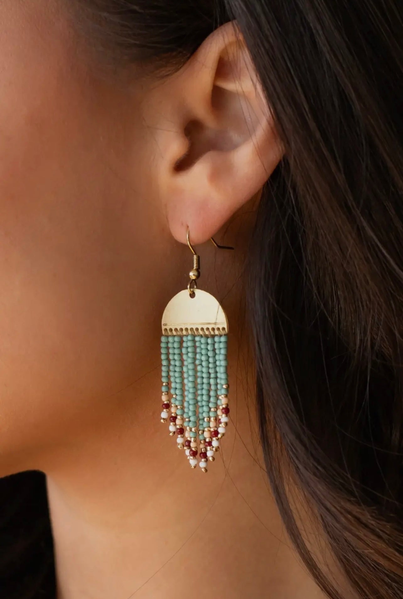 Gold & Teal Beaded Fringe Earrings