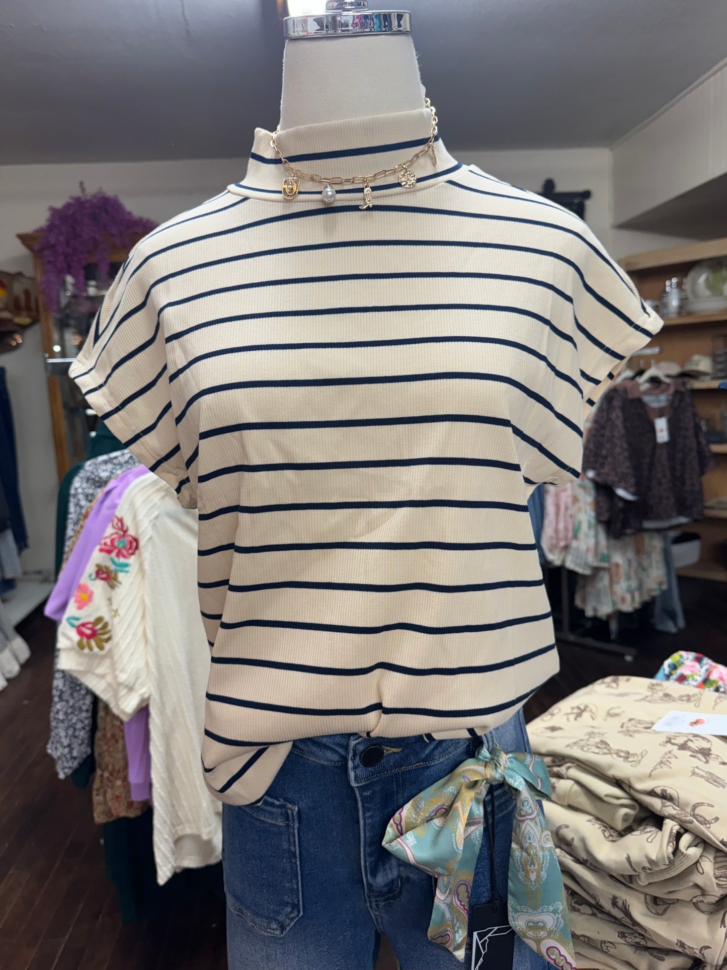 High Neck Stripe Blouse