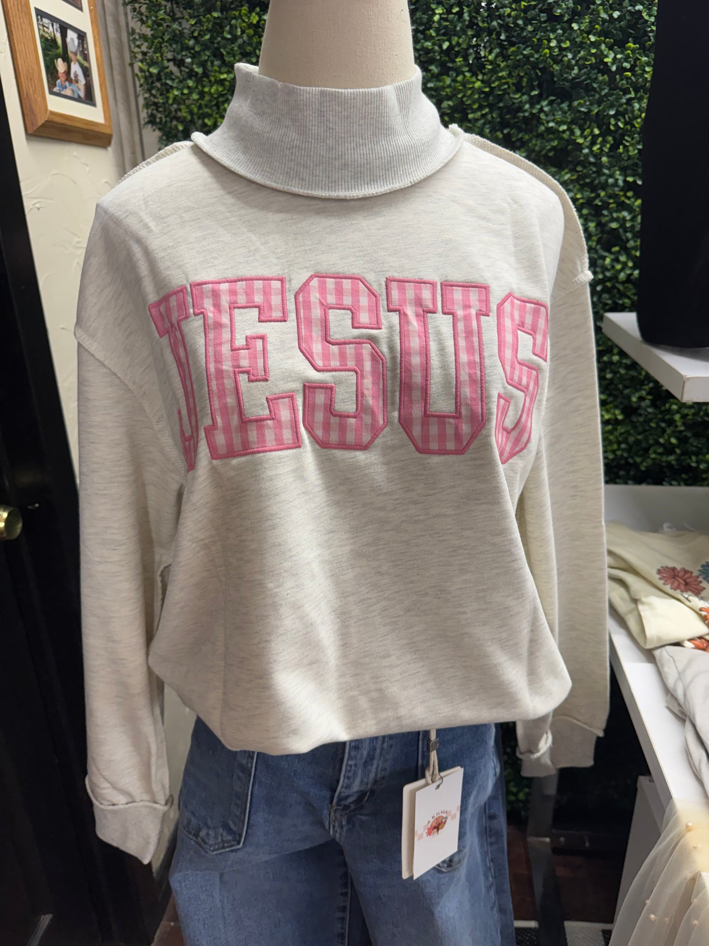 Pink Gingham Jesus Sweatshirt