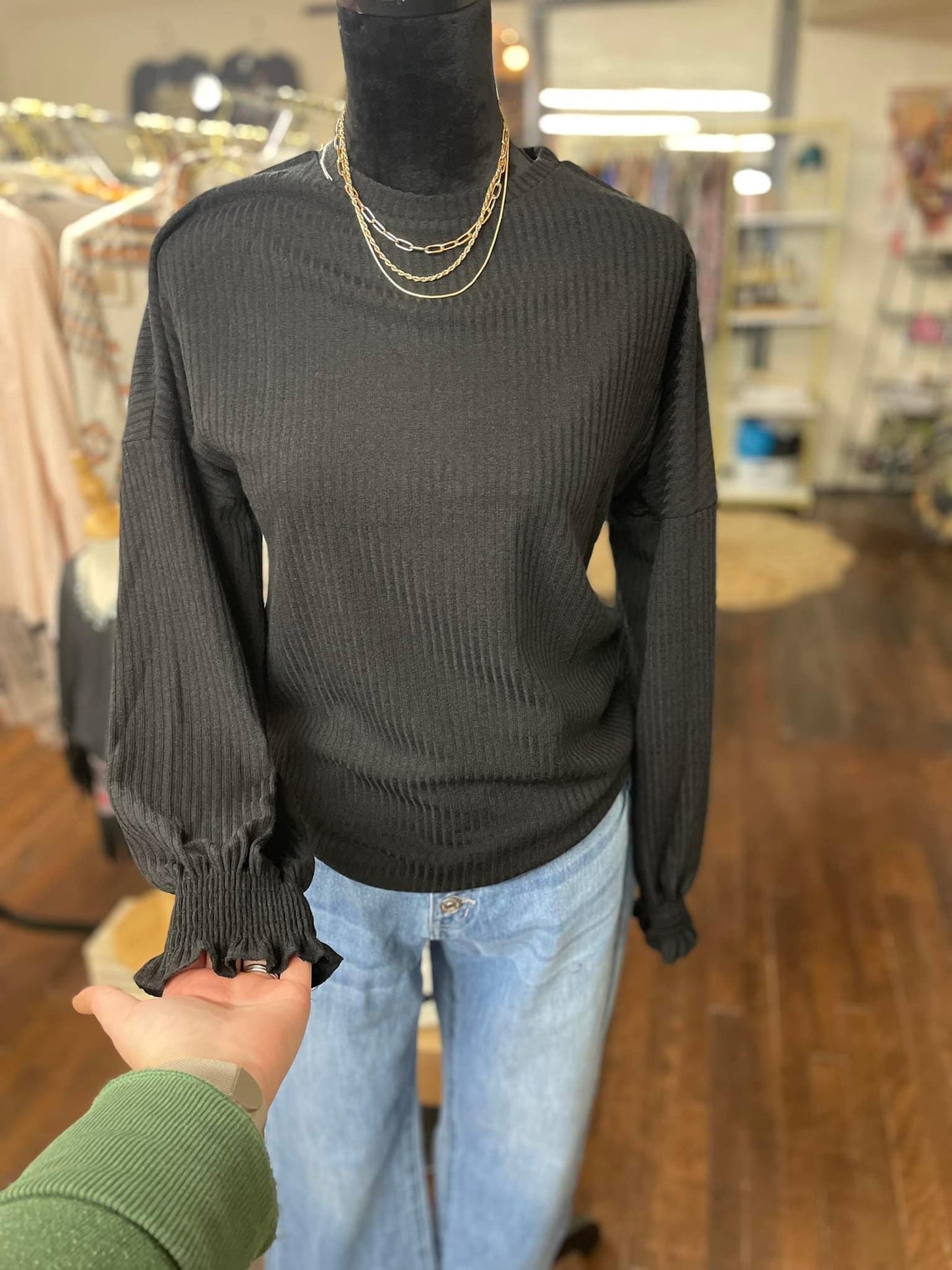 Black Ribbed Long Sleeve Top