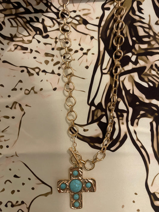Turquoise Hammered Cross Necklace