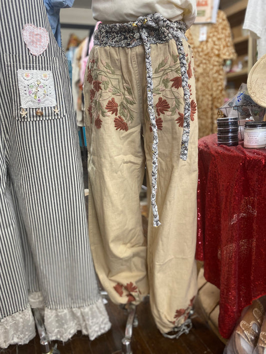 Embroidered Detail Pants with Waist Tie