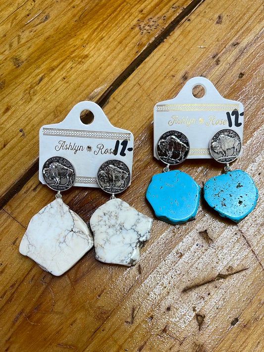 Rock Slab with Buffalo Nickel Coin Earrings