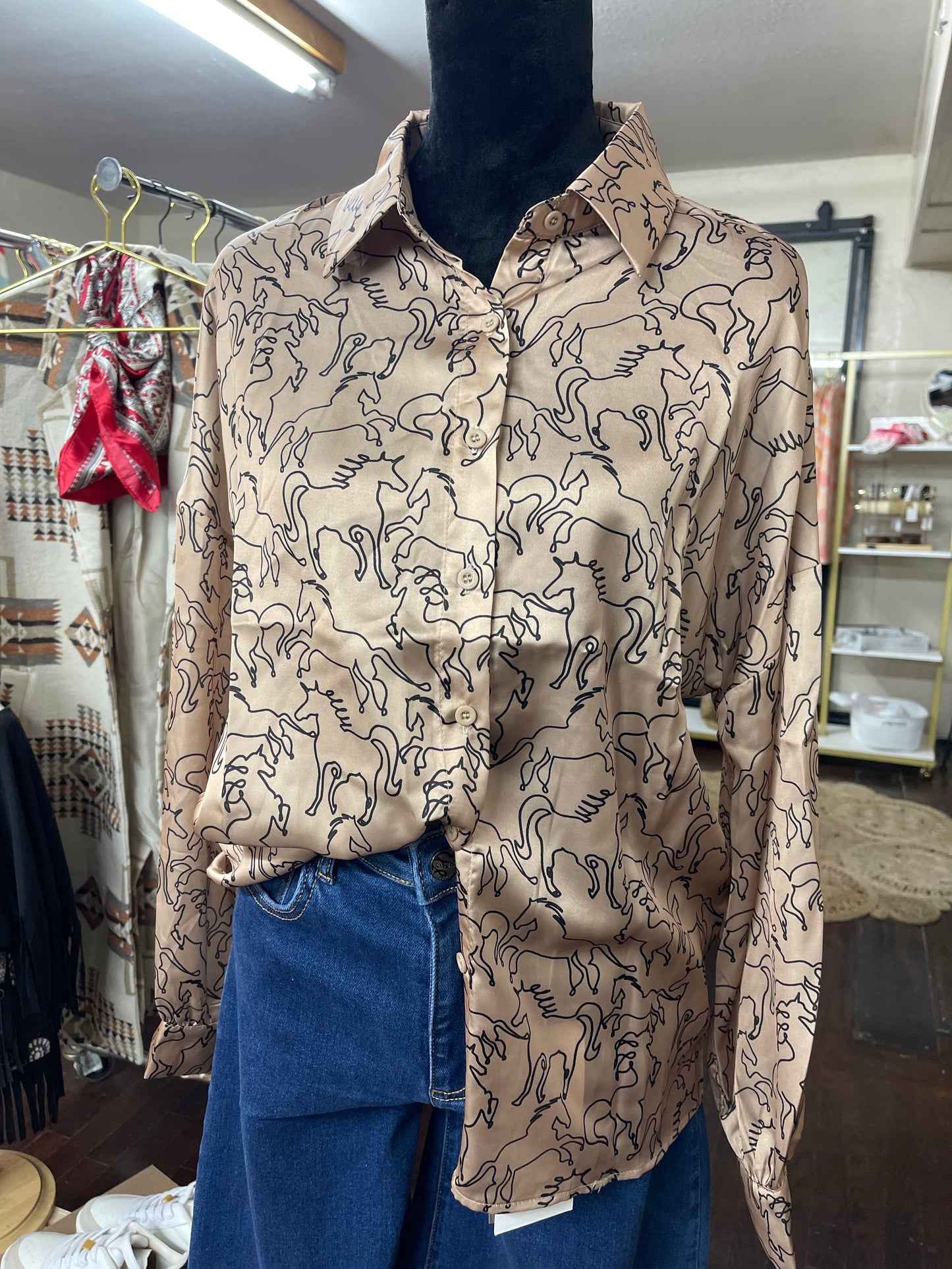 Satin Horse Button Down Top