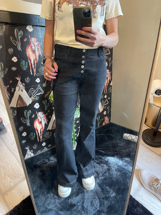 Black High Waist Button Front Flare Jeans