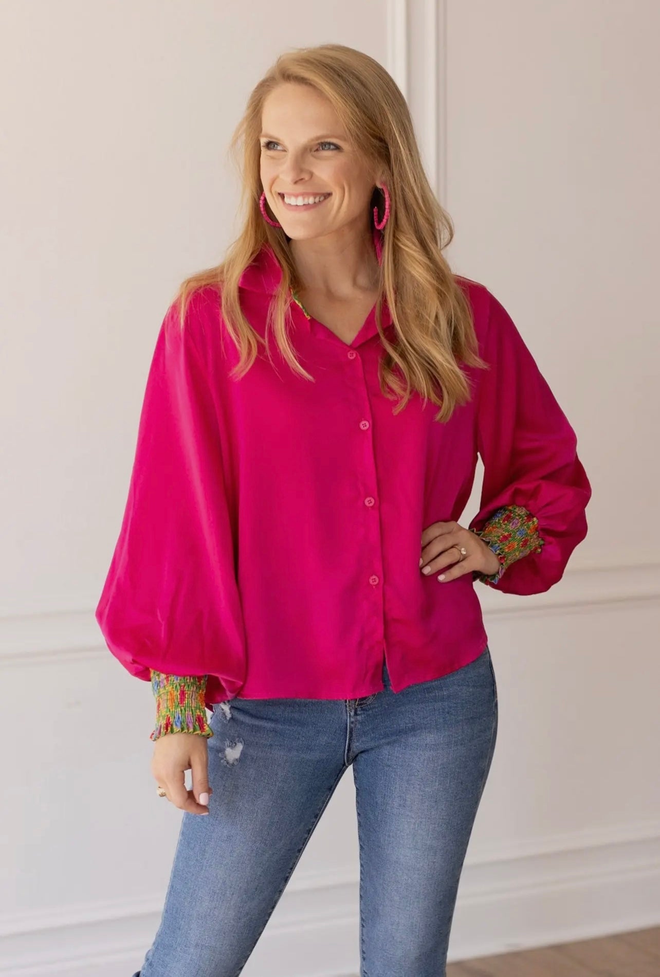 Fuscia Ballon Sleeve Satin Blouse