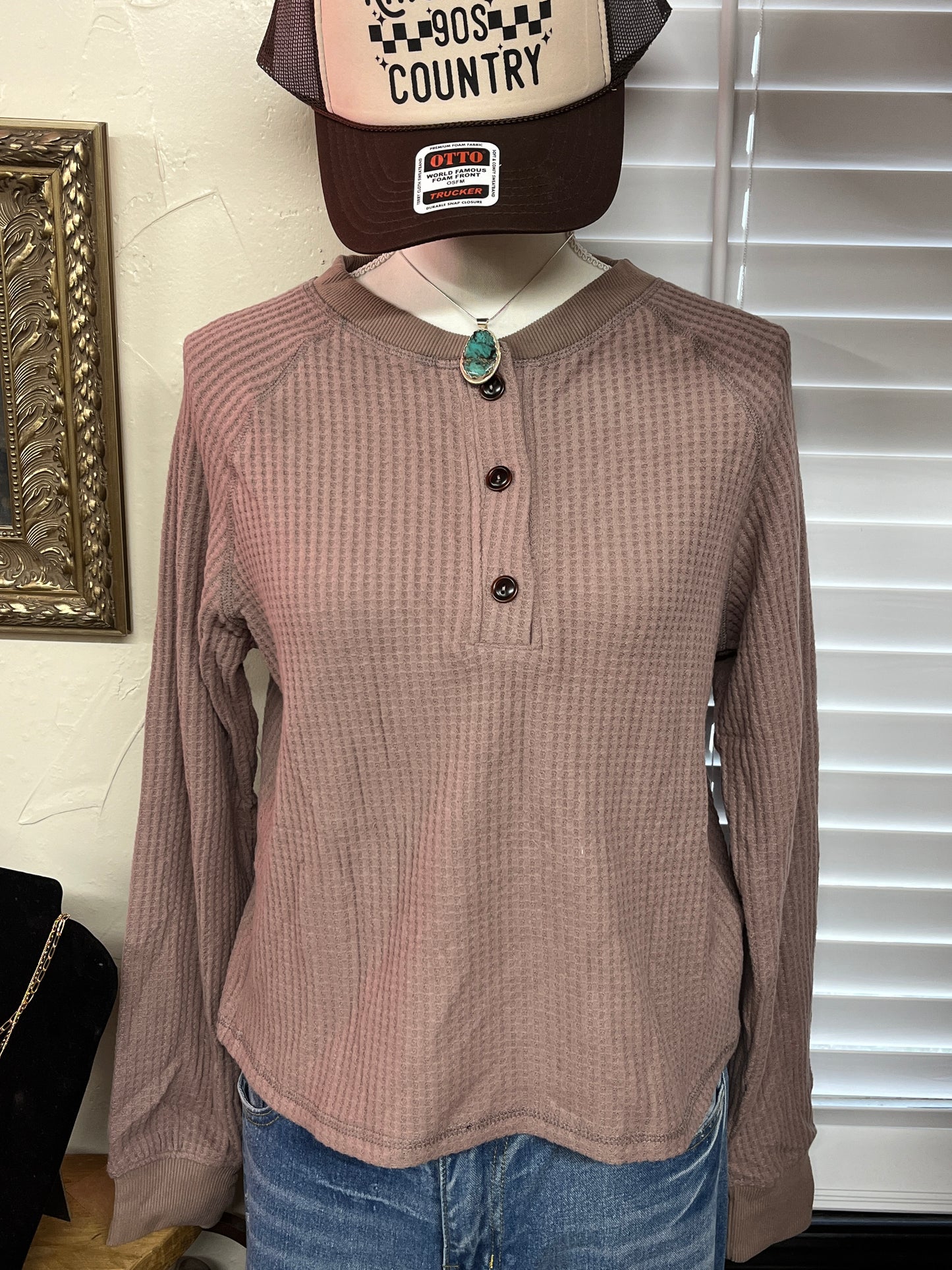 Textured Long Sleeve Button Top