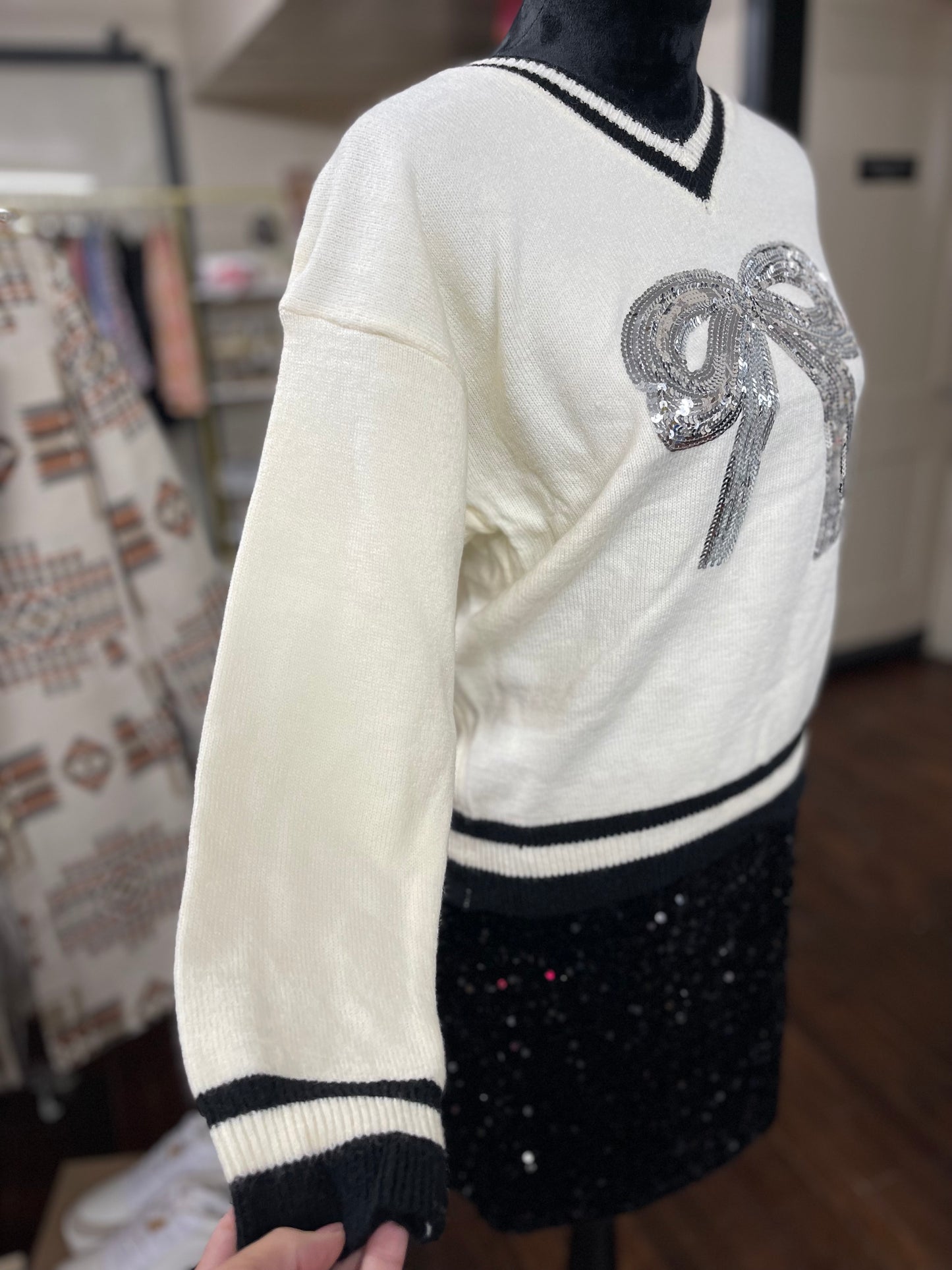 Sequin Bow Varsity Sweater