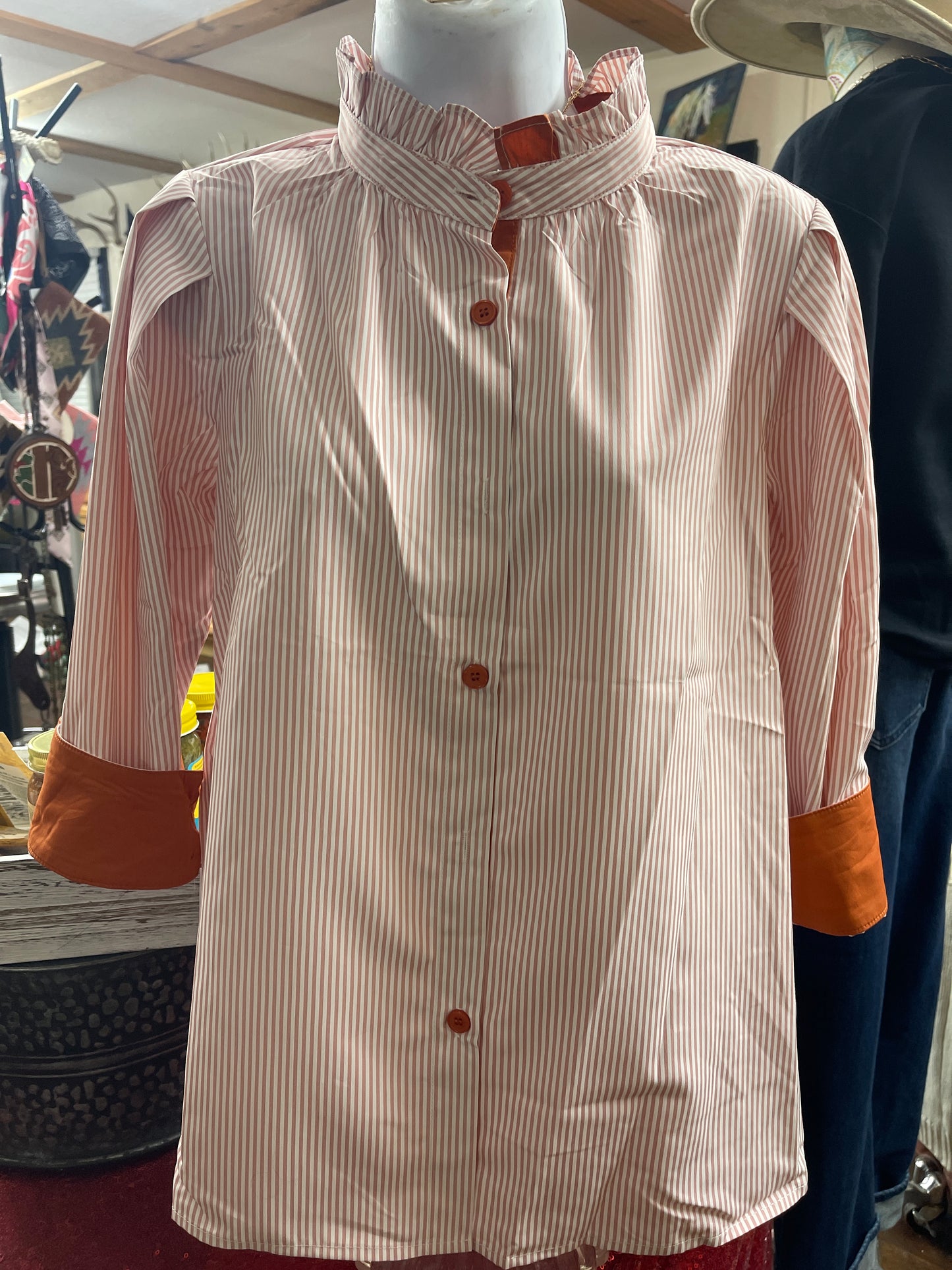 Striped Frilled Collar Button Down