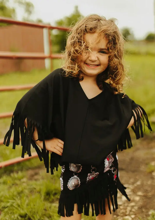 Girls Black Fringe Sleeve Top