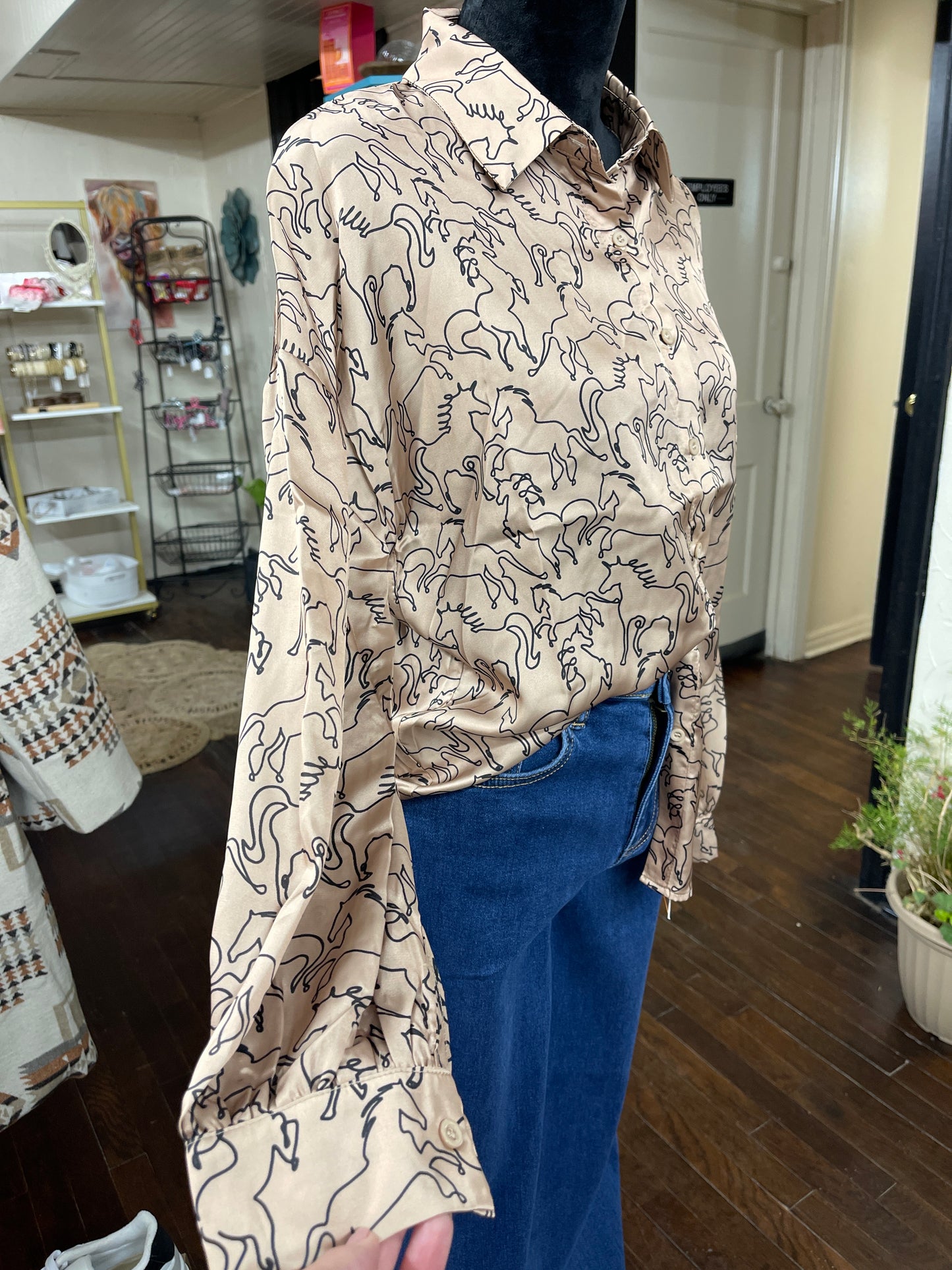 Satin Horse Button Down Top