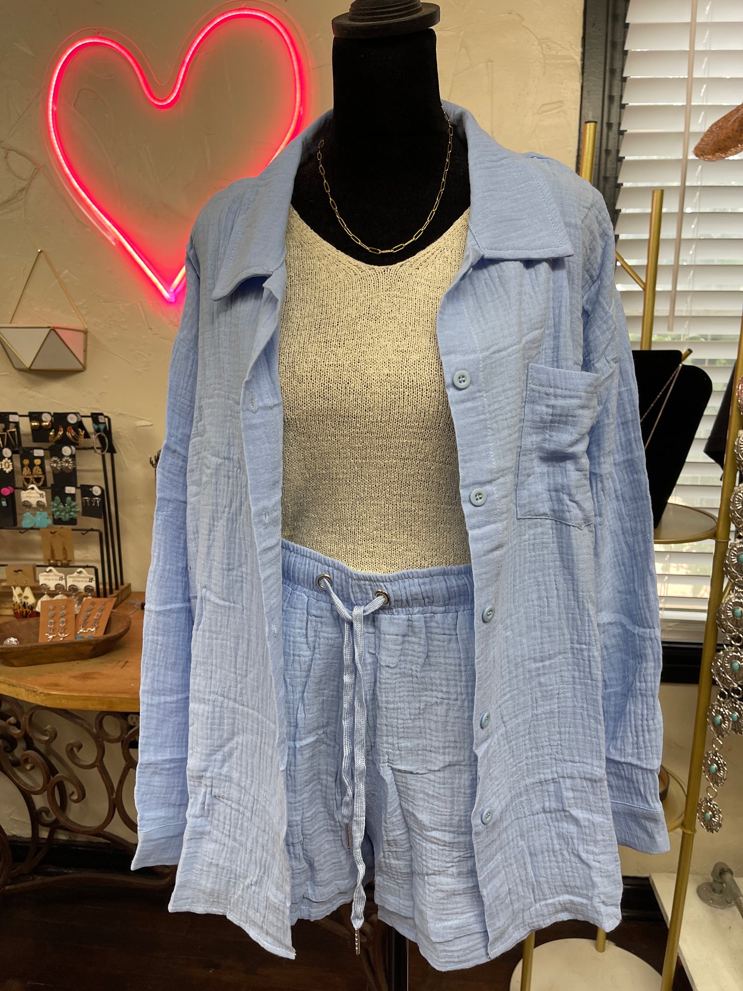 Blue Long Sleeve Button Down Short Set