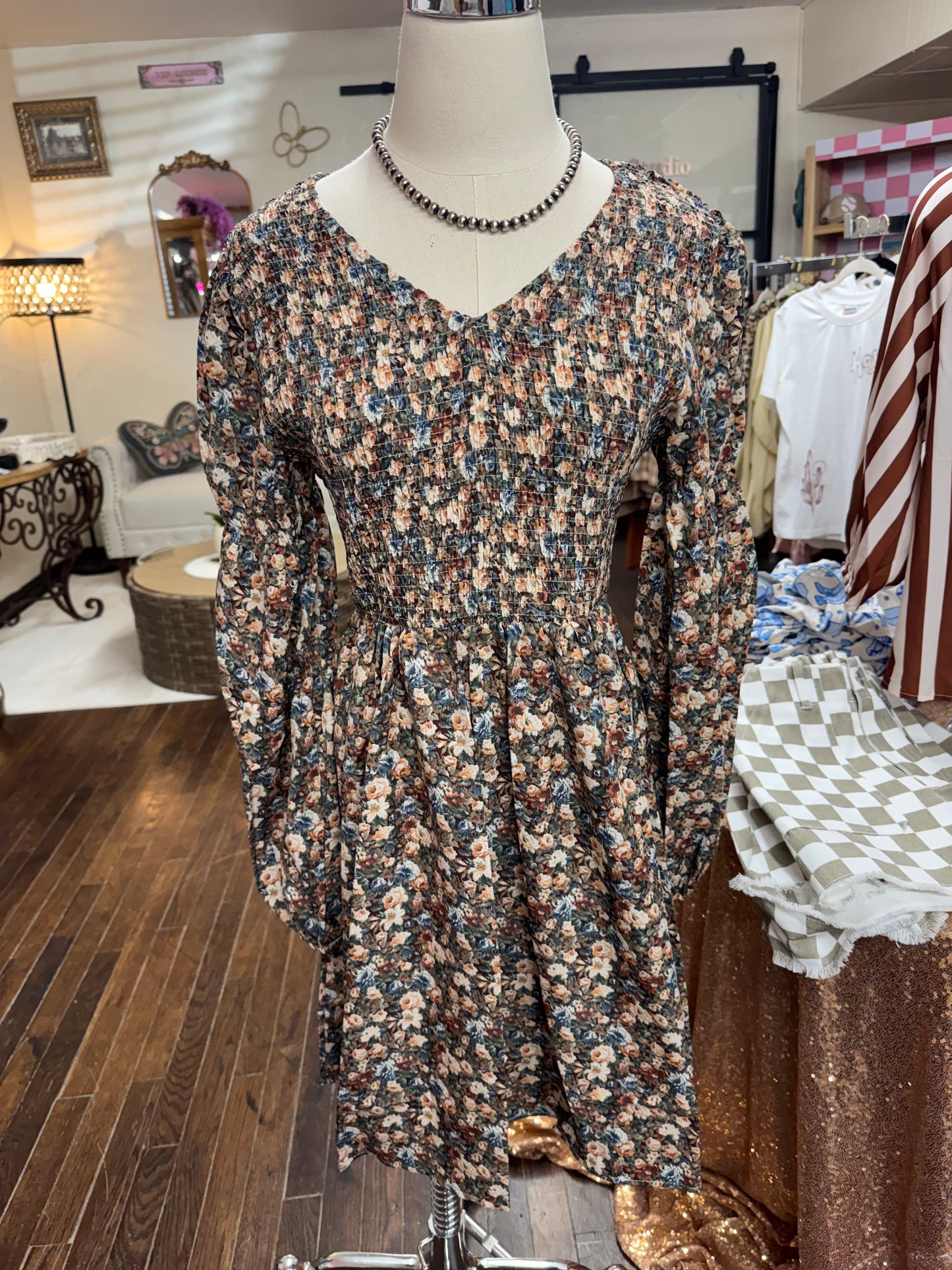 Vintage Floral Print Smocked Dress