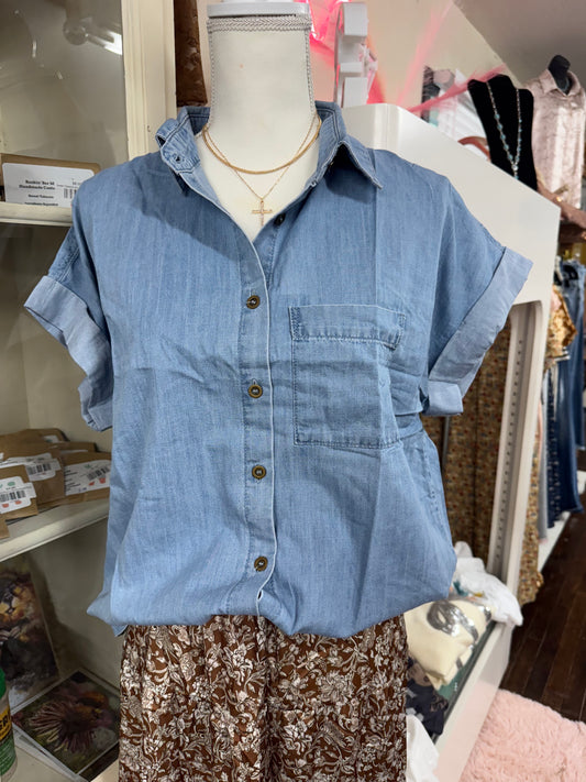 Folded Sleeve Denim Top