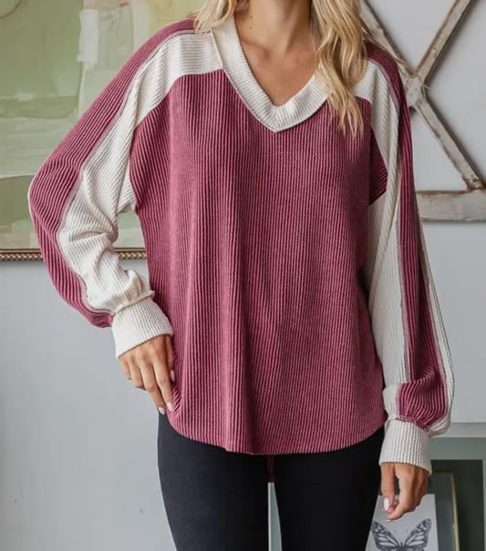 Burgundy Color Block Knit Top