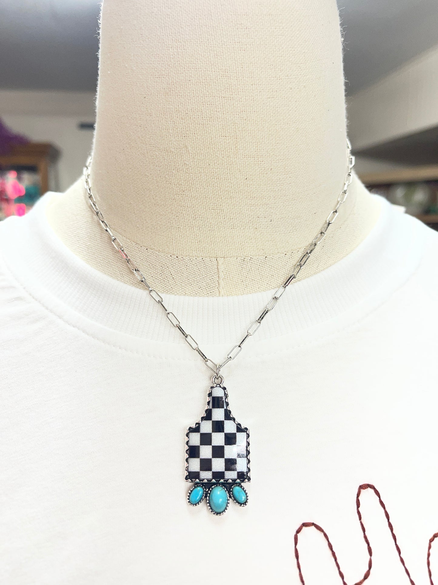 Checker Ear Tag Necklace
