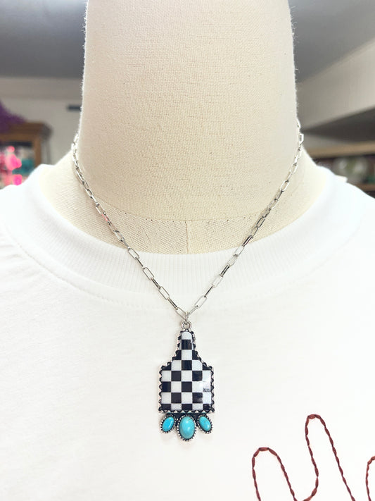 Checker Ear Tag Necklace