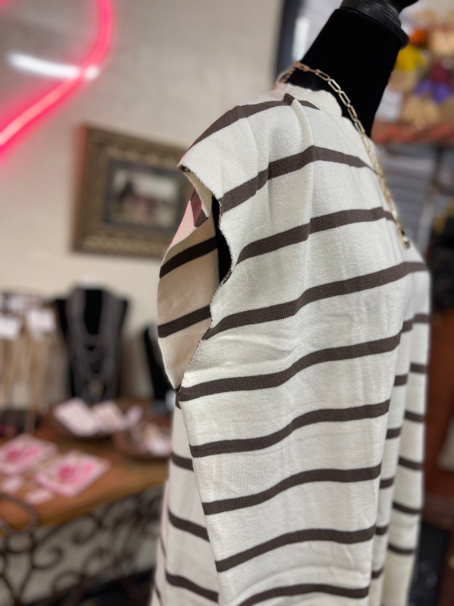 Short Sleeve Brown Striped Sweater