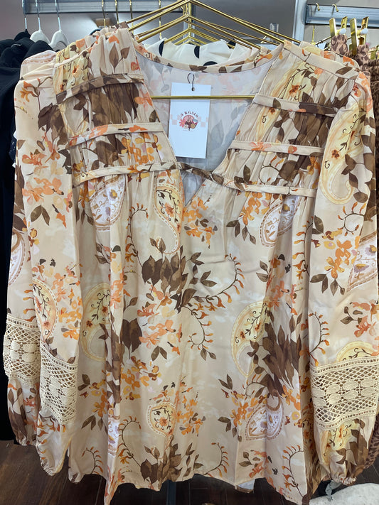 Tan Floral Lace Blouse