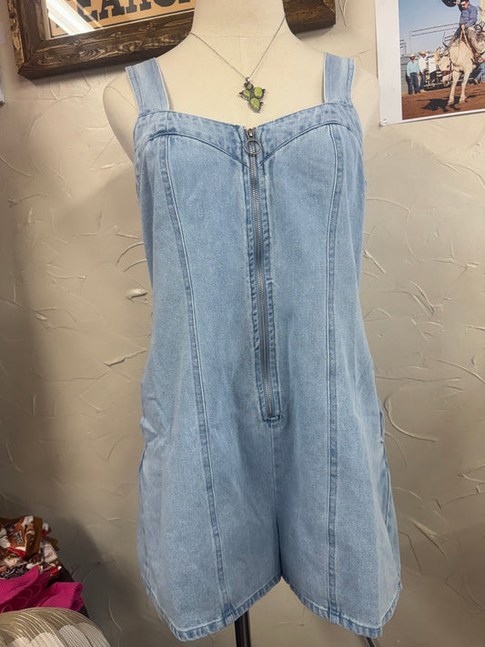 Front Zip Up Denim Romper