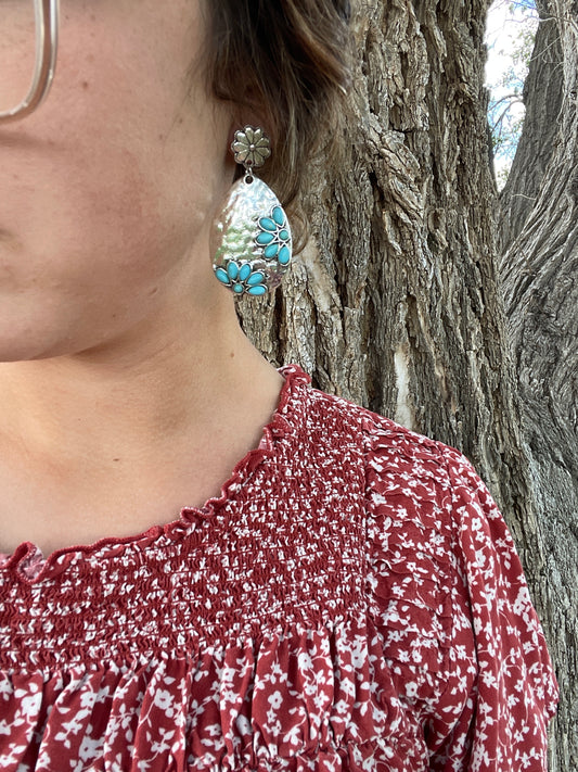 Hammered Turquoise Floral Earrings