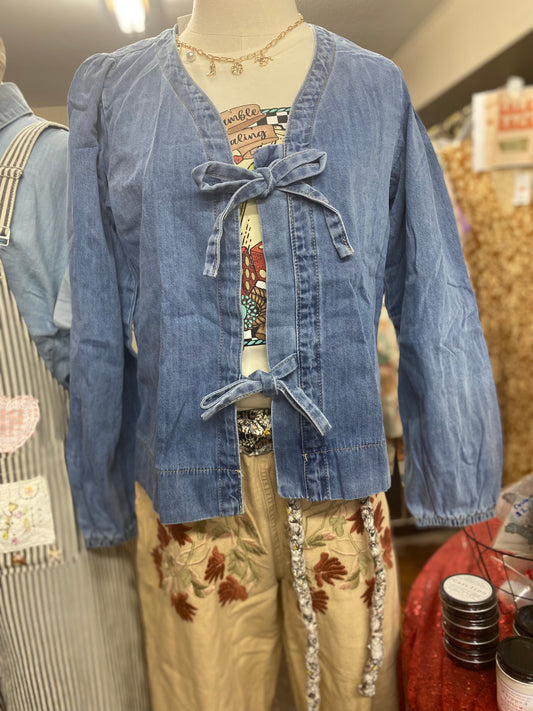 Tied Front Puff Sleeve Denim Top