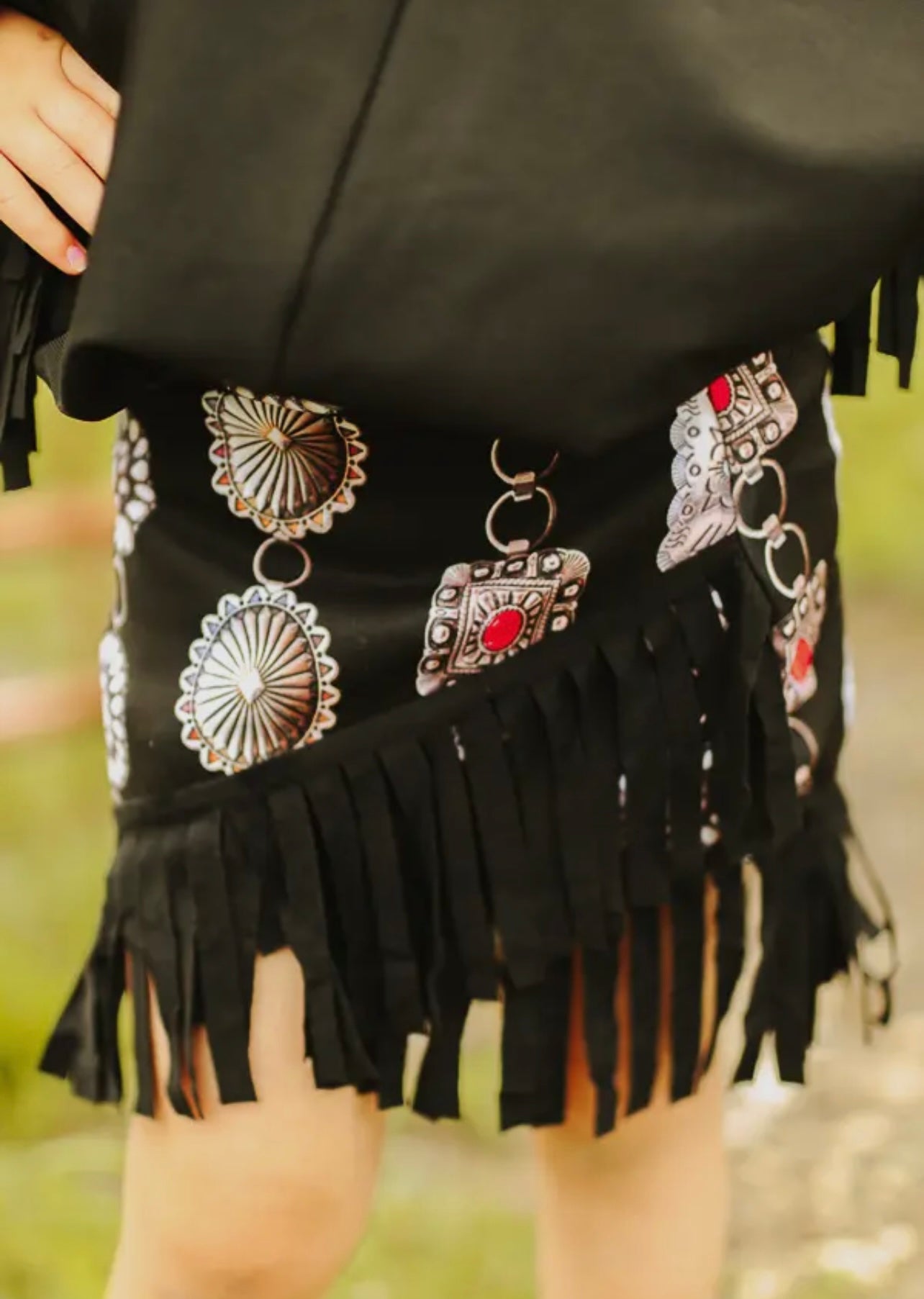 Girls Black Concho Wrap Fringe Skirt